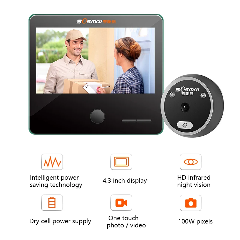 

High Quality Home Security Digital Doorbell 4.3 inch Smart Doorbell Peephole HD Camera Electronic Cat Eye with Night Vision
