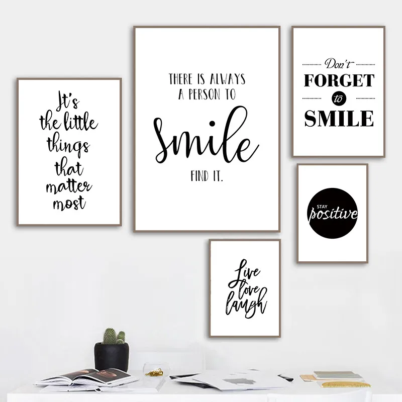 Black and White Inspirational Positive Smile Quote Art Canvas Painting Posters Prints Wall Pictures Kids Room Home Decor KL083 | Дом и сад
