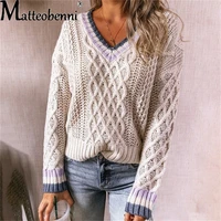 women v neck color matching sweater autumn winter new loose twist knitted jumper female warm long sleeve street pullover 2021