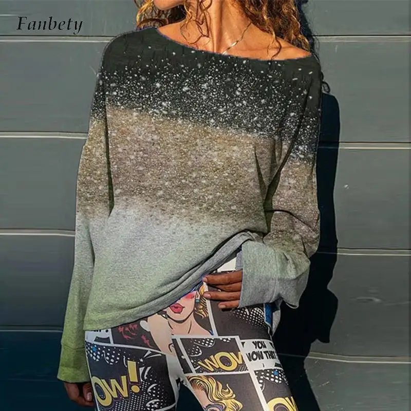 

Women Fashion Vintage Stitching Gradient Long Sleeved Pullover 2021 New Autumn One-neck Loose Blouse Elegant Chic Blouse Tops