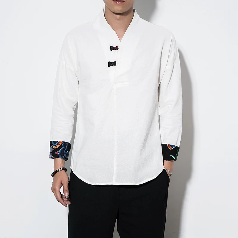

M-5xl Plus Size Men Baggy Cotton Linen Shirt Solid Long Sleeve Two Button Retro Shirts Tops Autumn Spring Streetwear Clothes Men