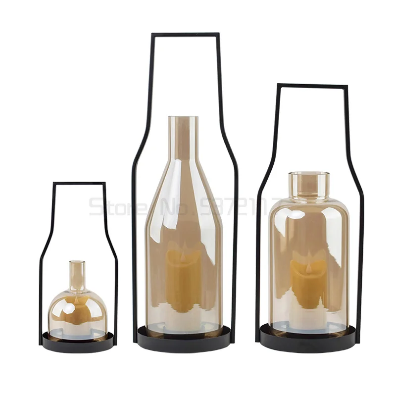 

Nordic iron glass outdoor windproof Candlestick household hotel home stay wind lamp Candlestick decoration