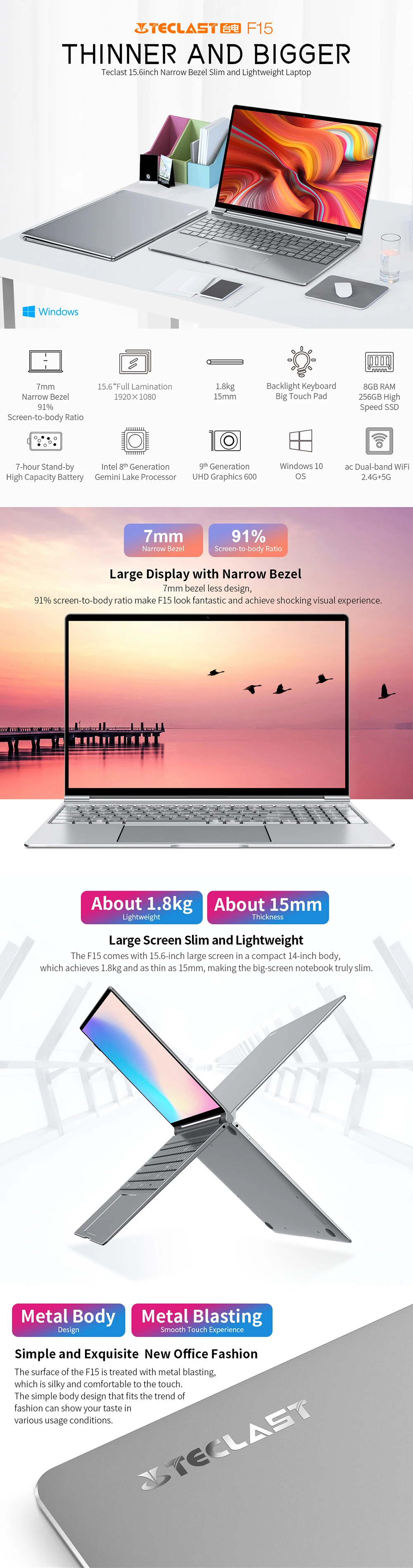 Ноутбук Teclast F15 Windows 10 15,6 дюймов 1920x1080 FHD Intel Gemini Lake N4100 8 ГБ ОЗУ 256 ГБ SSD ноутбук с подсветкой клавиатуры HDMI