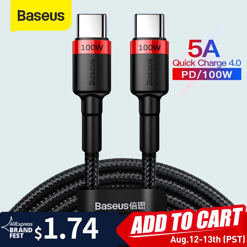 Кабель Baseus 100 Вт с USB C на USB Type C для MacBook Pro, быстрая зарядка 4,0, быстрая зарядка для Samsung, Xiaomi mi 10, зарядный кабель