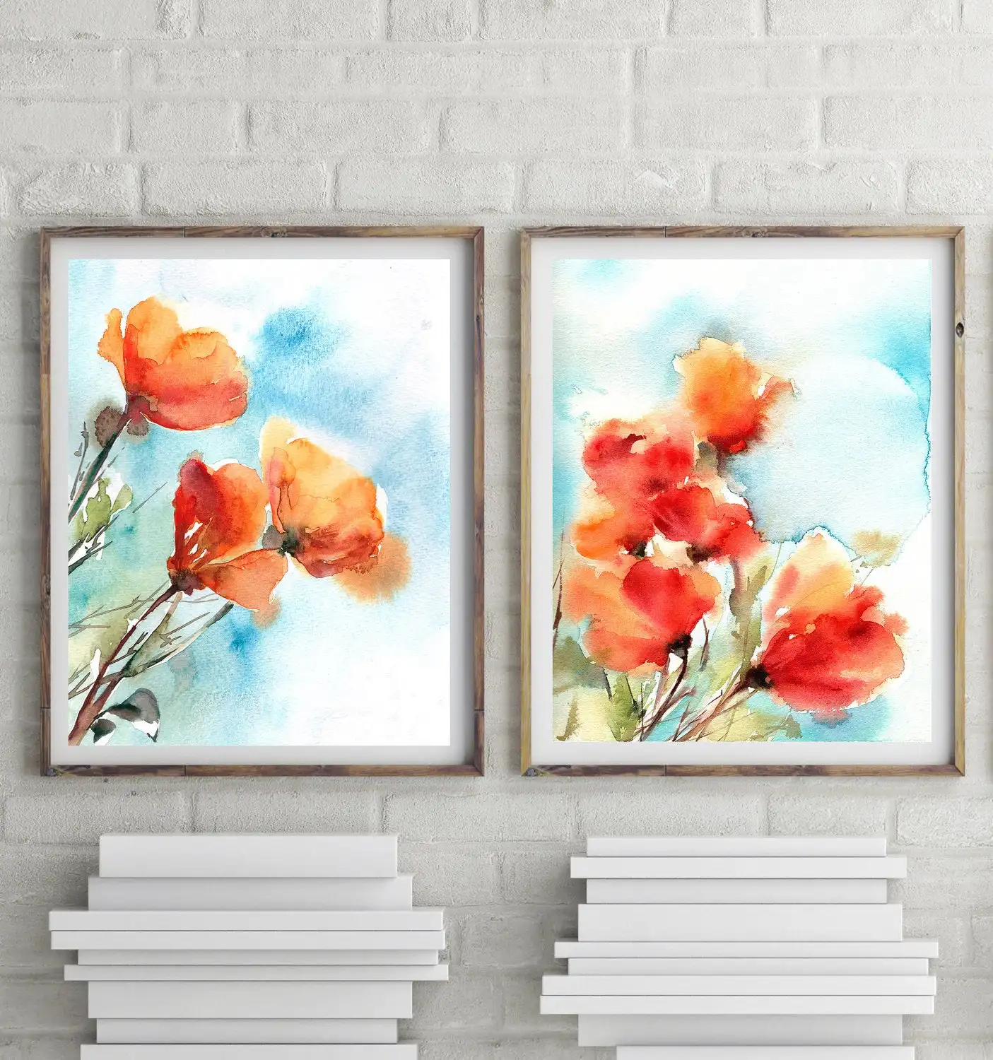 Two Poppy Floral Prints Botanical Orange Blue print Painting Art Set of 2 Flowers Wall Archival pri | Дом и сад