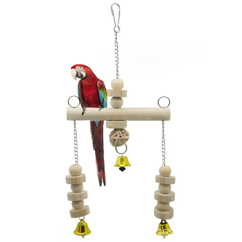 

1pcs Parrot Bird Toy Natural Wooden Handmade Bird Swing Perch Cage Toy With Bell Bite-Proof Parrot Pigeon Chew Toy Bird Supplies
