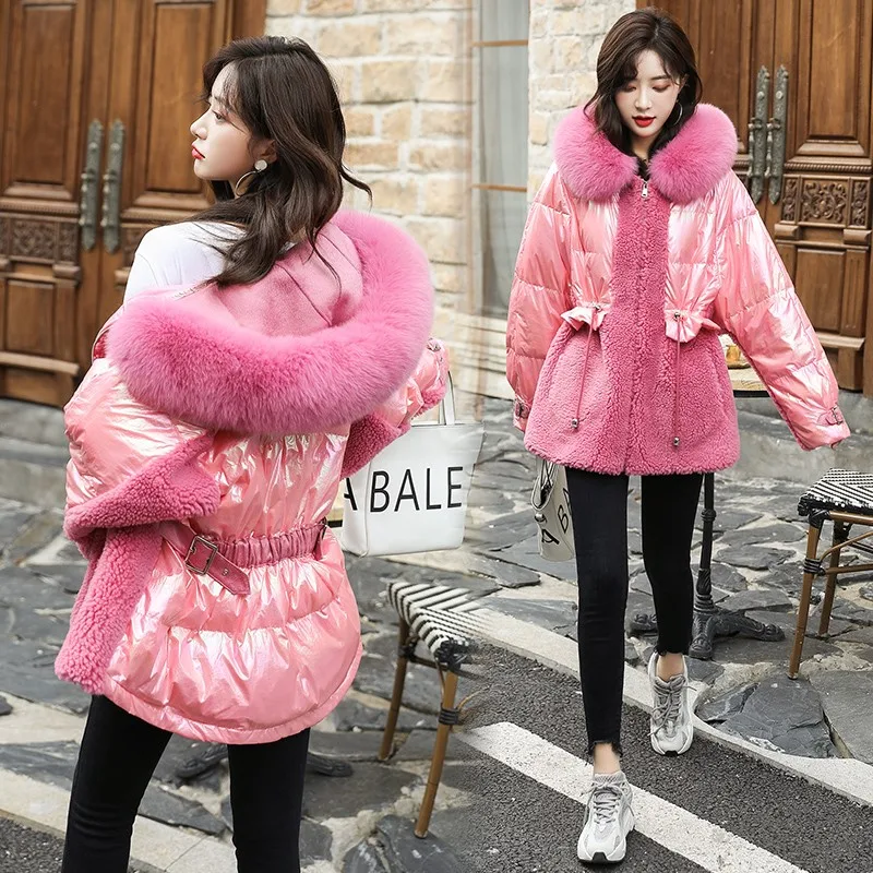 

Down cotton jacket 2020 autumn and winter warm large fur collar velvet stitching high-end elastic waist fashion slim jacket 0035