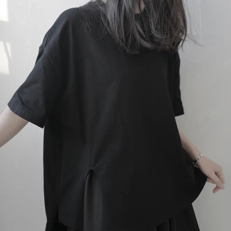 

LANMREM Women's T-shirt Yamamoto Style Half Sleeve Round Neck Irregular Temperament Loose Fit Black Series Summer 2021 2P3188