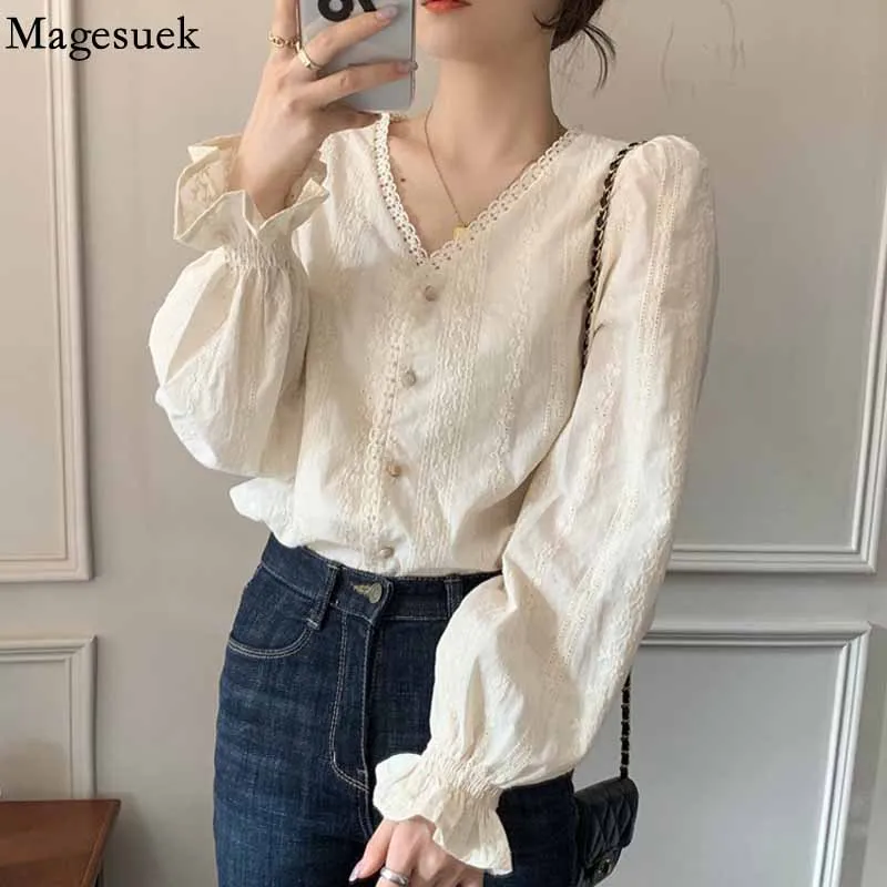 

Korean Style Embroidered Hollow Blouse with Lace V Neck Puff Sleeve Casual Gentle Apricot Women's Blouse Elegant Woman Top 16439