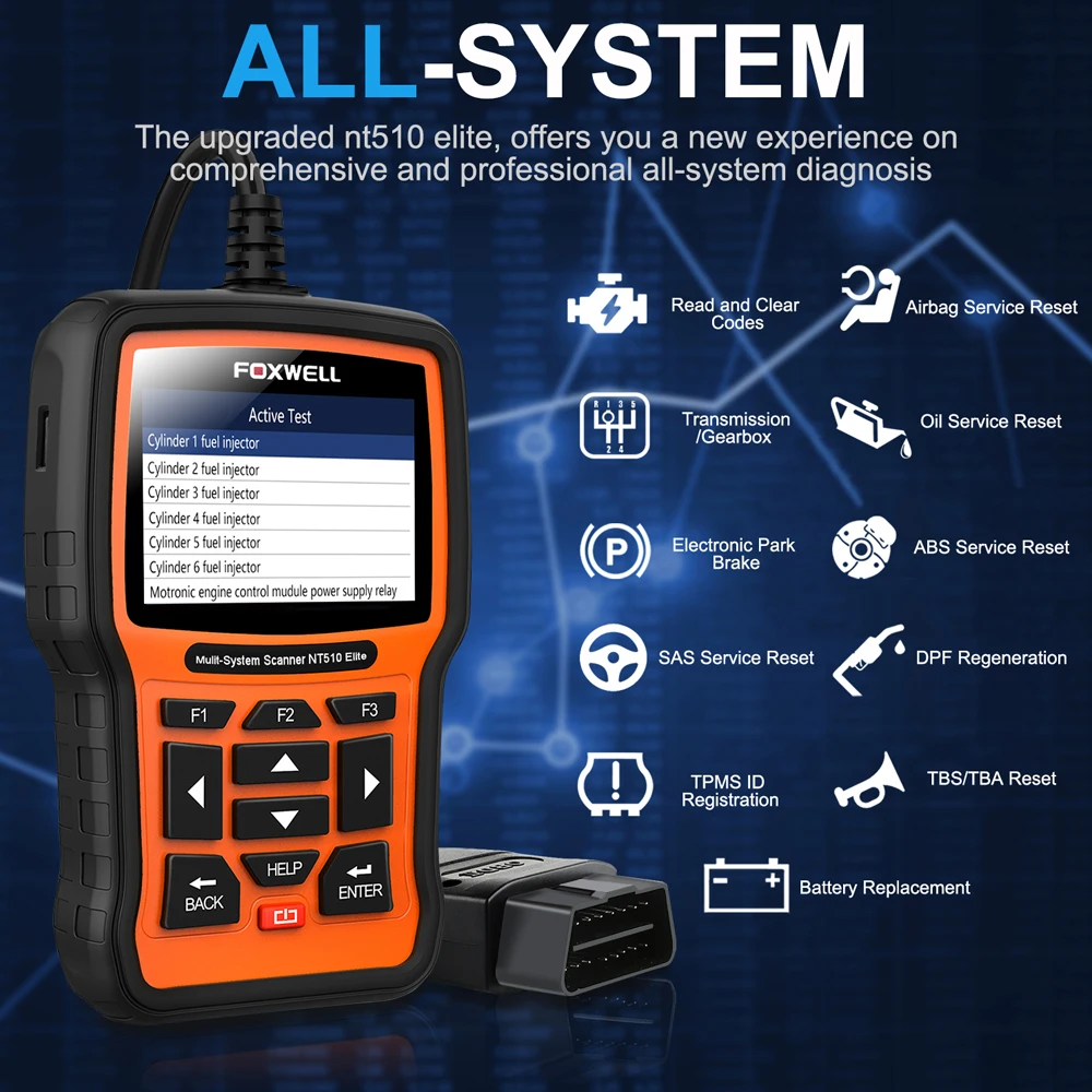 

FOXWELL NT510 Elite OBD OBD2 Automotive Scanner SAS SRS DPF Multi Reset Engine Car Diagnostic Tools Multilingual Free Update