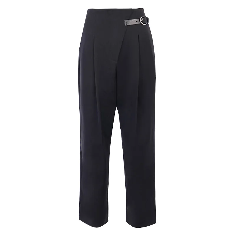 

Hot Black High Waist Casual Straight Suit Pant Women Buckle Side Loose Summer Female Office Lady Elegant Trousers Pant 2021