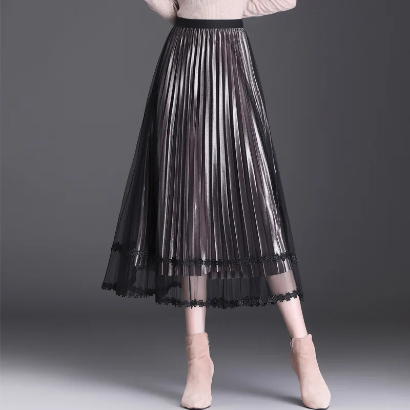 

Pleated Skirt for Women Fashion Lace Mesh Splice High Waist Big Swing Casual Loose Korean Big Hem Long Skirts Autumn Winter