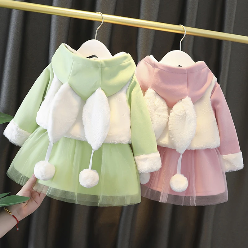 

2Pcs Cute Rabbit Ears Hooded Princess Baby Dress With Plush Coat Christmas Girls Dress Autumn Winter Toddler Girl Clothes 1-5Yrs