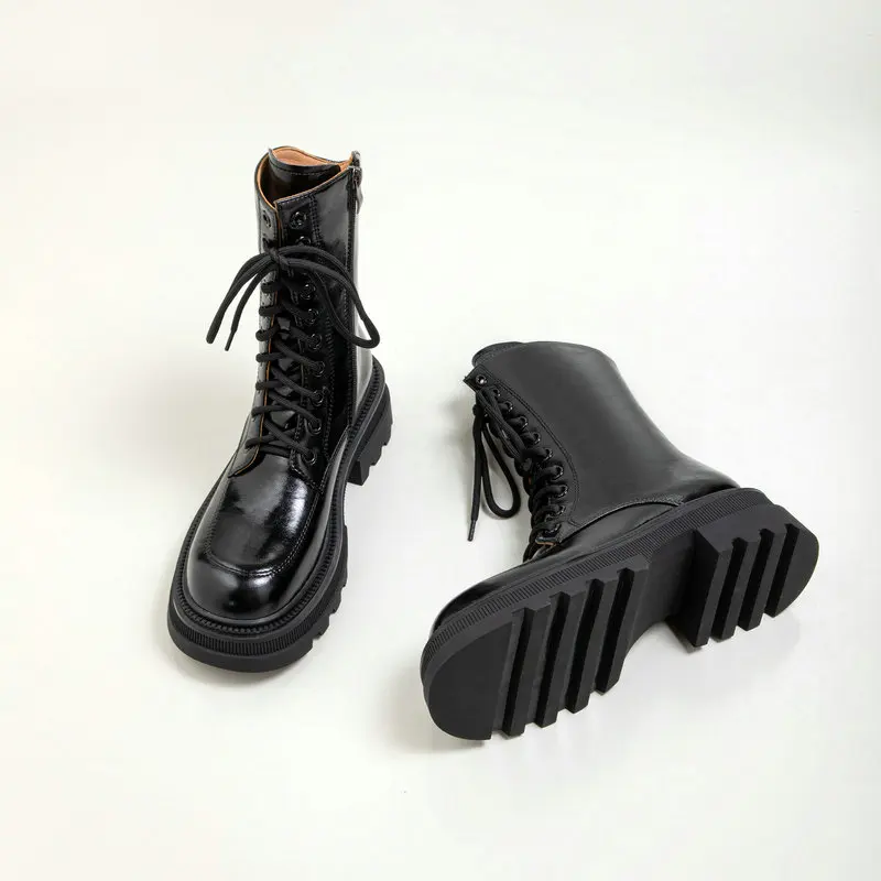 

Женские ботинки на платформе, однотонные классические мотоциклетные ботинки из бычьей кожи, с круглым носком, на шнуровке, простая зимняя о...
