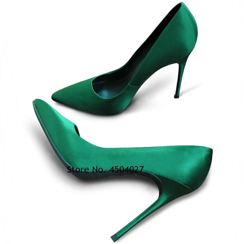 Luxurious Women Emerald Dark Green Silk Cloth Dress Pumps Stiletto Heels Satin Fabric Pointed Toe Banquet Shoes