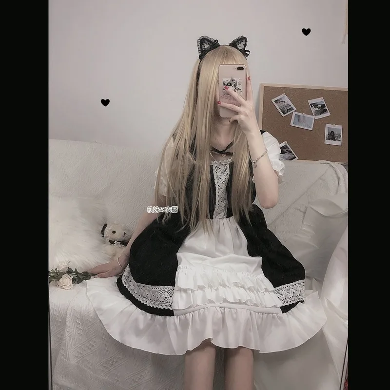 

QWEEK Japanese Style Sweet Maid Ruffle Lace-up Puff Short Sleeve Dress Pink Women's Lolita Dress Kawaii Goth Gothic Summer 2021