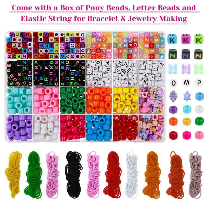 

Bead Bracelet Making Kit, Bead Friendship Bracelets Kit with Pony Beads Letter Beads Charm Beads and Elastic String
