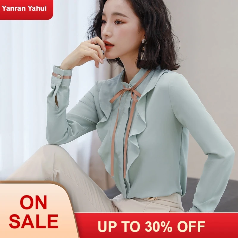 Светильник Синяя Женская рубашка осень 2019 Ретро стиль длинный рукав стоячий