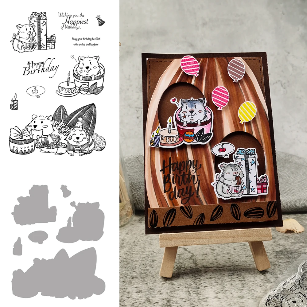 

Happy Birthday Squirrel Cutting Dies and Stamps for DIY Scrapbooking Album Photopoly Greeting Card Decorative Craft Supplies