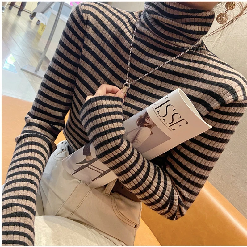 

Korean Style Autumn and Winter Striped High-neck Soft Waxy Bottoming Shirt Sweater Women Fashion Temperament Inner Top Mi1258