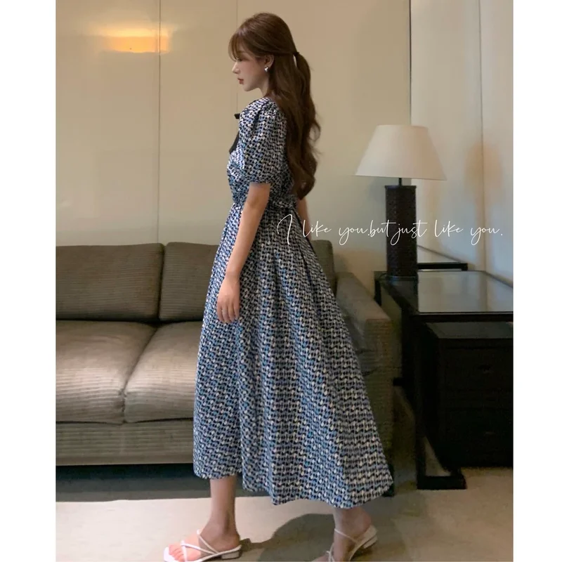 

ZAWAHIKI Korean Elegant Bowknot Print Dress Women Summer V Neck Breasted Design Slim Waist Puff Sleeve Dress Mid-calf Vestidos