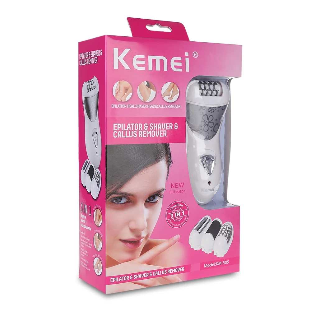 

Kemei-505 3 in 1 Electric Epilator Rechargeable Defeatherer Depilatory Cuticle Pusher Shaver Professional Ladies Care