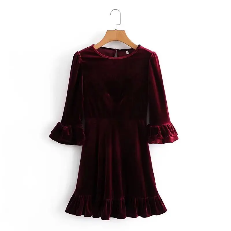 

Clazzaa Women Fashion Solid Back Zipper Slim Mini Dress Vintage Three Quarter Sleeve O-Neck Casual Female Sexy Dresses