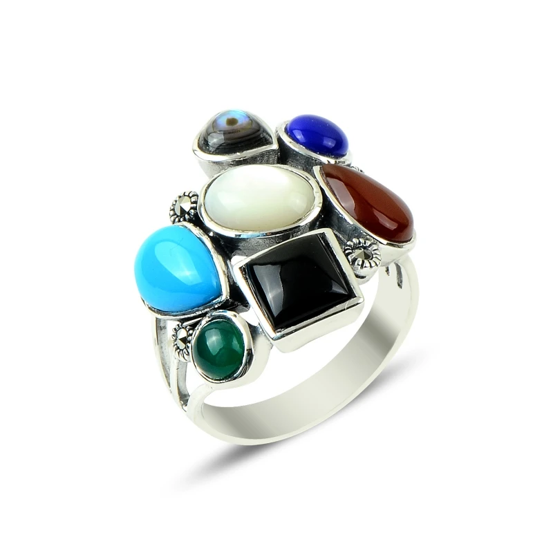 Silverlina Silver Marcasite & Mixed Natural Stone Ring
