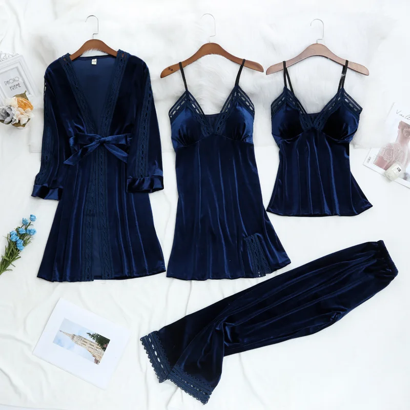 

Autumn New Women 4PCS Pajamas Suit Soft Velour Sleepwear Kimono Gown Velvet Intimate Lingerie Nightwear Casual Home Clothes