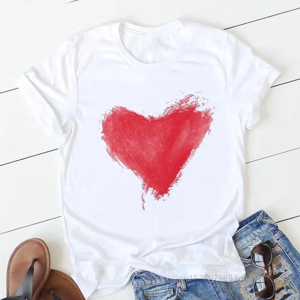 Женская футболка с цветочным принтом в виде РОЗОВОГО СЕРДЦА хлопковая