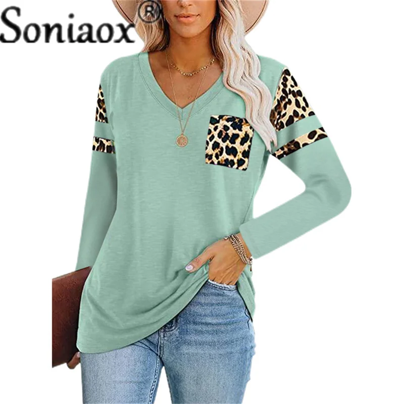 

2021 New Women Fashion Splice Pocket Leopard Printing Long Sleeve T-Shirts Casual Loose V-Neck Pullover T-Shirt Street Clothing
