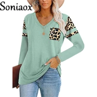 2021 new women fashion splice pocket leopard printing long sleeve t shirts casual loose v neck pullover t shirt street clothing
