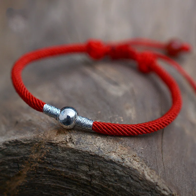Настоящее чистое серебро 999 пробы круглые бусины Lucky Red Rope ручной работы браслет