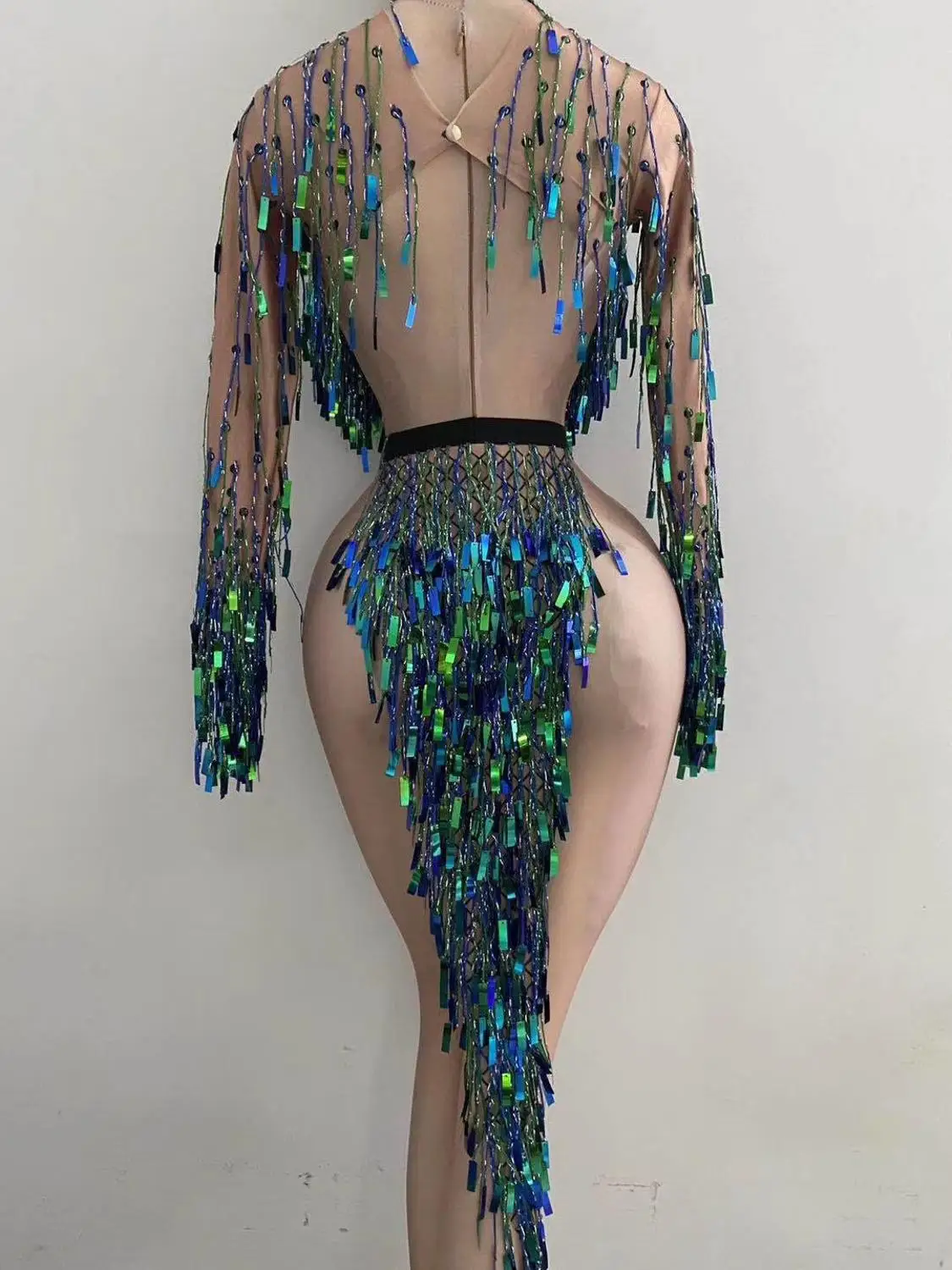 

2020 New Arrival women silver blue Sexy Sequined Tassel Turtleneck long sleeve Bodycon Celebrity Evening Party Bandage Dress