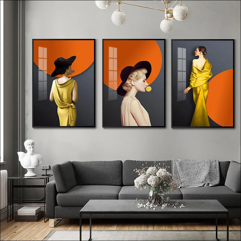 

Modern Figure Painting Canvas Painting Beauty Mural Circular Decorative Wall Beauty Salon Orange Art Poster Waterproof Printin
