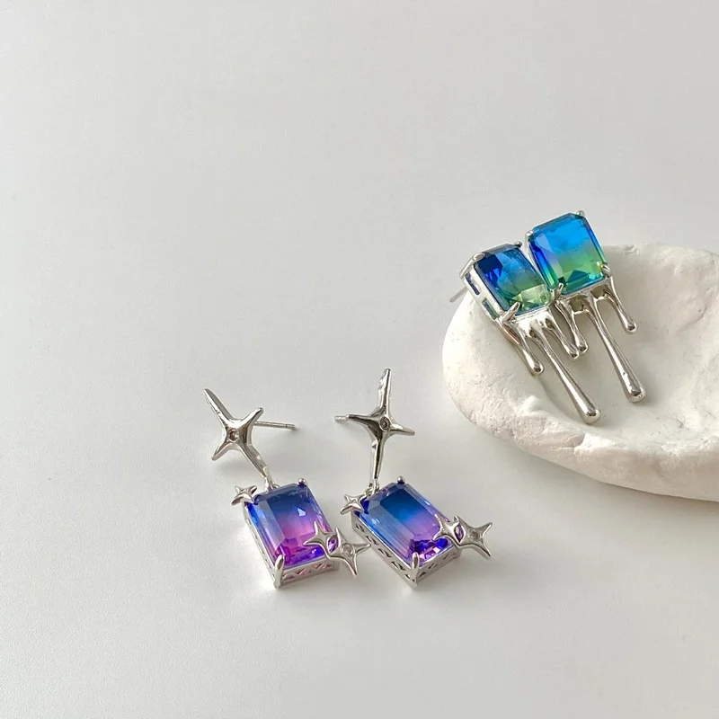 

LOVOACC Statement 2 Styles Square Gradient Transparent Shiny Zirconia Pendant Earrings for Women Girls Korean Fashion Jewelry