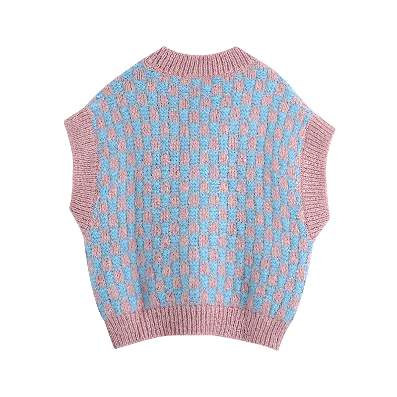 

Contrast Color Sweater Vest Women Casual V-neck Sleeveless Oversize Knitted Top Vintage Simple Loose Sweet Pullover Knitwear