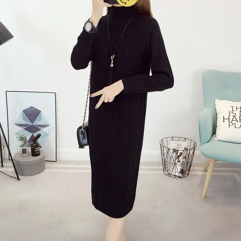 

QRWR 2020 Autumn Winter Sweater Women Vintage Loose Turtleneck Long Sweater Dress Casual Split Solid Women Sweater