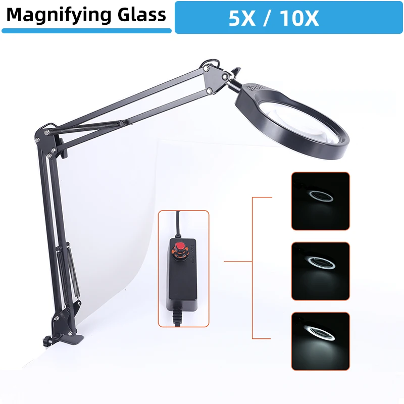 

Table Lamp Magnifying Glass 5X 10X Long Arm Dimmable Illuminated Magnifier LED For Soldering Iron Repair/Reading/Beauty Tool