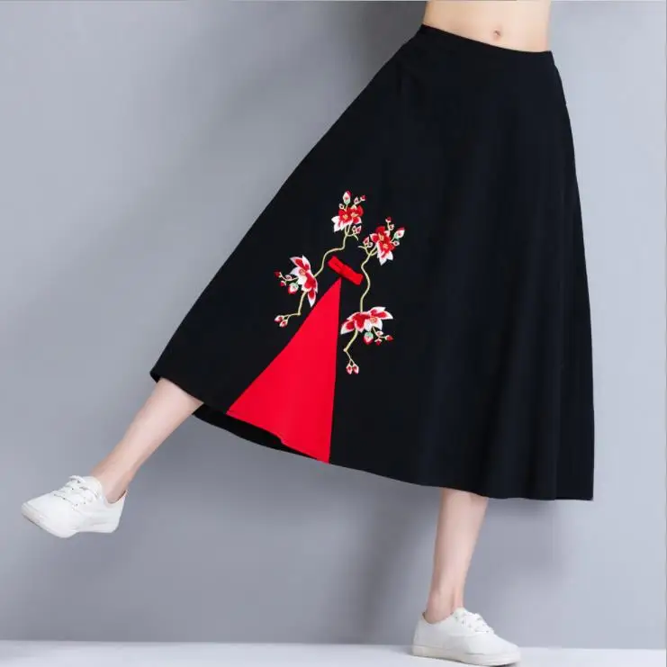 2019 New literary retro national wind embroidery linen skirt | Женская одежда
