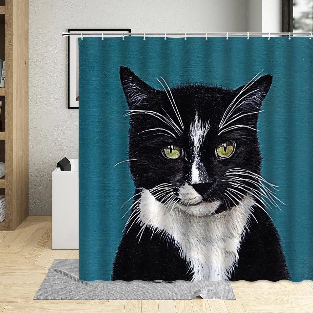 

Fabric Bathroom Shower Curtain 3D Cat Animal Waterproof Polyester Bathtub Hanging Curtain Multi Size Home Decor With 12 Hooks