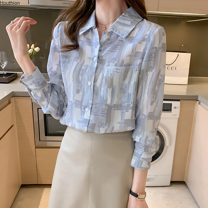 

Шифоновые облегающие Женские блузки Houthion, Топ с длинным рукавом, Новая повседневная блузка, модная женская рубашка с карманами, летние женс...