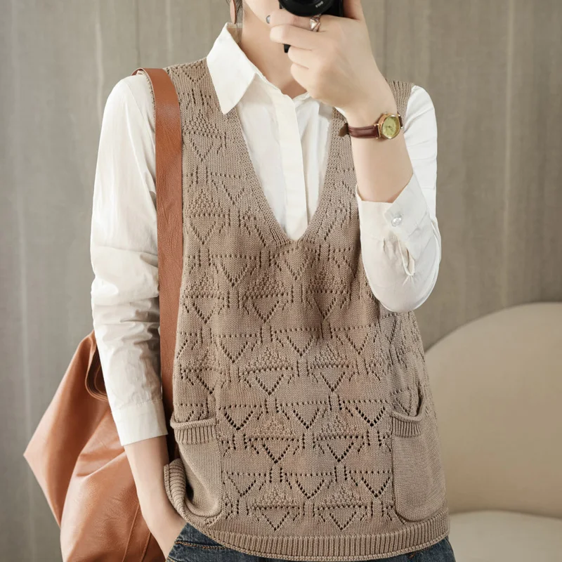 

Sweater vest women 2021 spring autumn new style V-neck pullover casual knitted top large size pure cotton sleeveless vest
