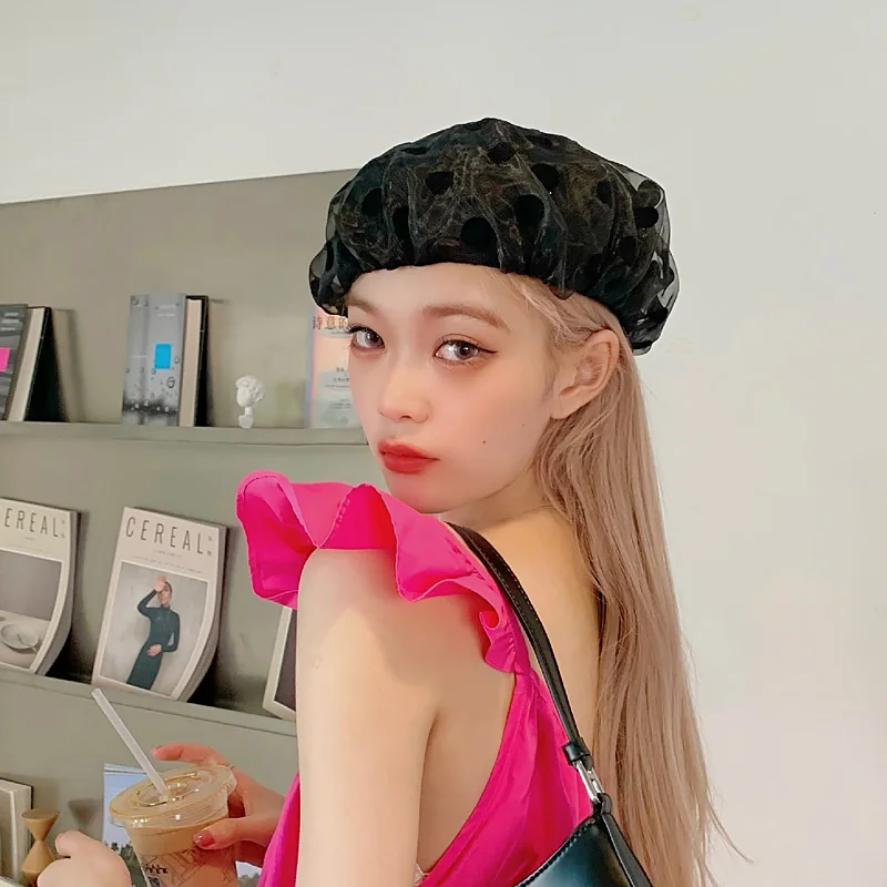 

Summer Beret Hats For Women Organza Polka Dot Beret Mesh New Elegant Gauze Fashion Lady Hat Black White Classic Hepburn Style