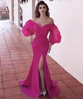 puffy long sleeves sexy plus evening dresses for women 2020 v neck satin side slit sweep train pageant mermaid robe de soiree