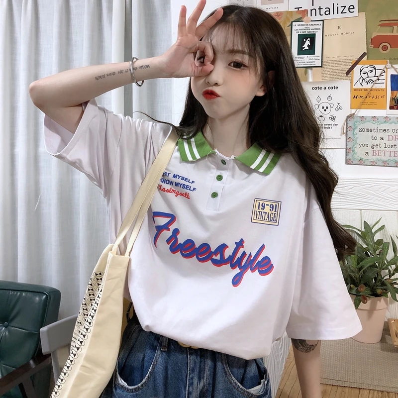 

Female Korean Lazy Vintage Letter Print T-shirt Women's T-shirts Tops Japanese Kawaii Ladies Ulzzang Harajuku Clothes For Women