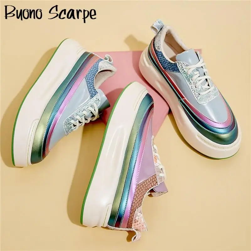 

Platform Heels Women Rainbow Sneakers Lace Up Genuine Leather Flats Animal Print Casual Shoes Horse Hair Leather Shoes Trainers