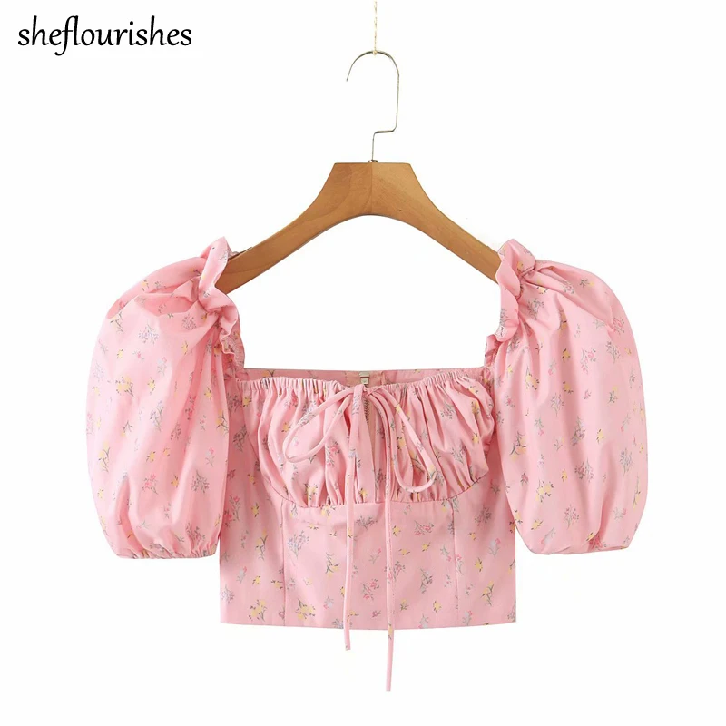 

2021 Summer shirts women kawaii puff sleeve top floral print vintage blouse casual square neck lace up top pink party streetwear
