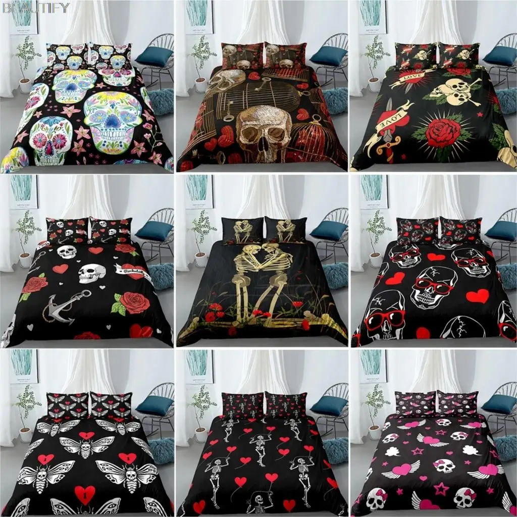 Bedding Set Romantic Gothic Heart Sugar Skulls Printed Skeleton Love Comforter Duvet Covers 150x200 Pillowcase King Queen Size