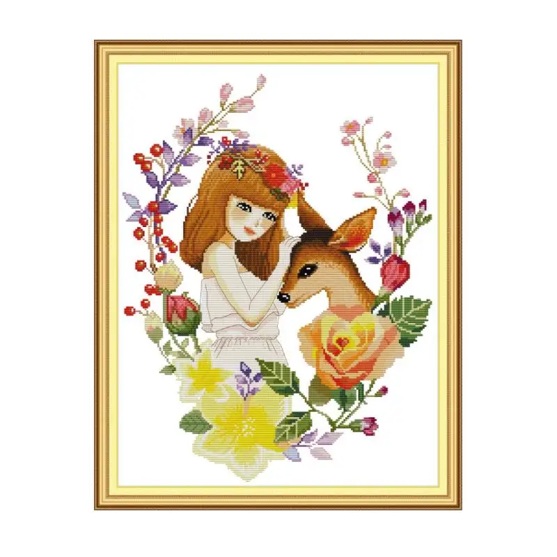

Girl and Deer Counted Printed on Canvas DMC Cross Stitch Kits 14CT 11CT DIY Handmade Embroidery Kits Needlework Sets Home Decor